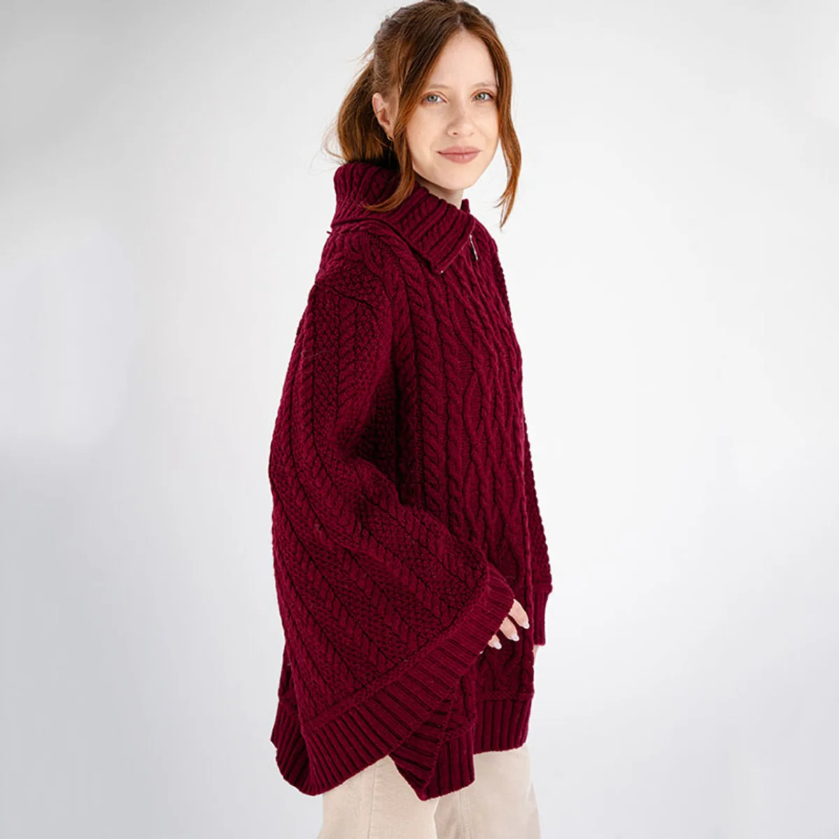 100% Merino Wool Cowl Neck Zipper Poncho – Irish Aran Knit | Pregnancy-Friendly Warmth - Image 12 | CeltHaus