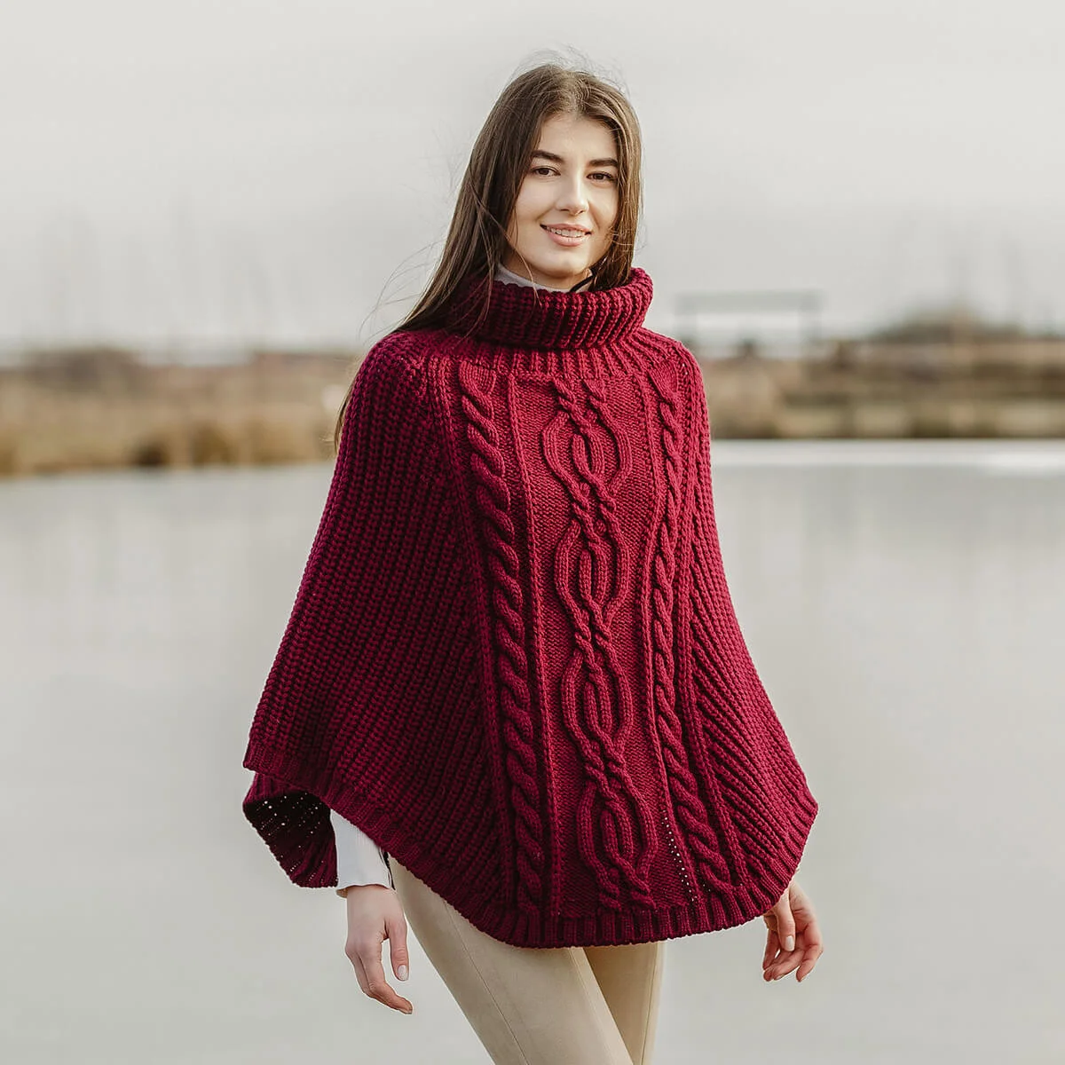 Aran Cowl Neck Merino Wool Poncho | Irish Cable Knit Shawl - Image 18 | CeltHaus