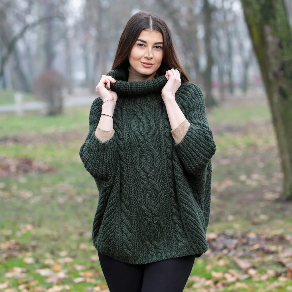 Aran Cowl Neck Merino Wool Poncho | Irish Cable Knit Shawl - Image 20 | CeltHaus