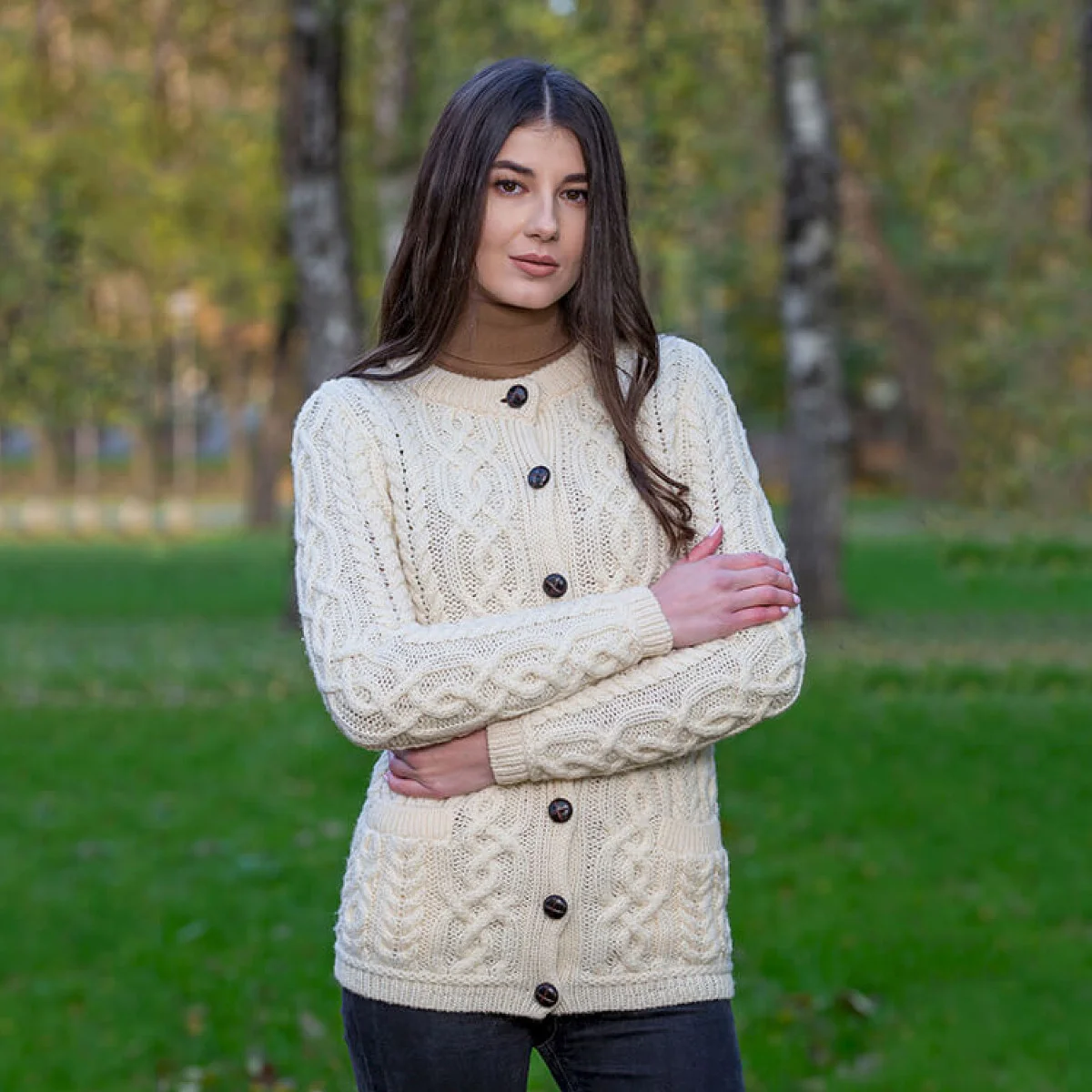 Aran Knit Ladies Cardigan with Leather Buttons – Women’s Cable Wool Sweater Coat - Knitwear | CeltHaus