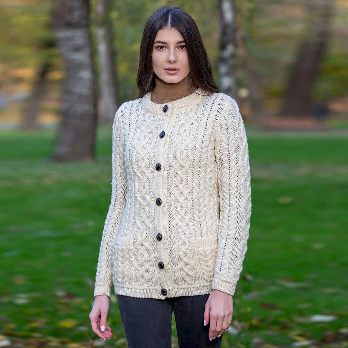 Aran Knit Ladies Cardigan with Leather Buttons – Women’s Cable Wool Sweater Coat - Image 4 | CeltHaus