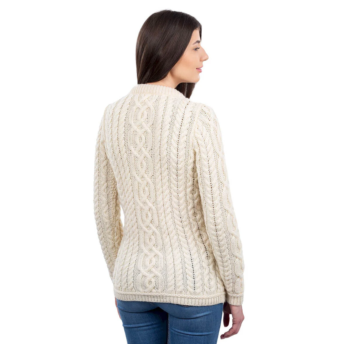 Aran Knit Ladies Cardigan with Leather Buttons – Women’s Cable Wool Sweater Coat - Image 6 | CeltHaus