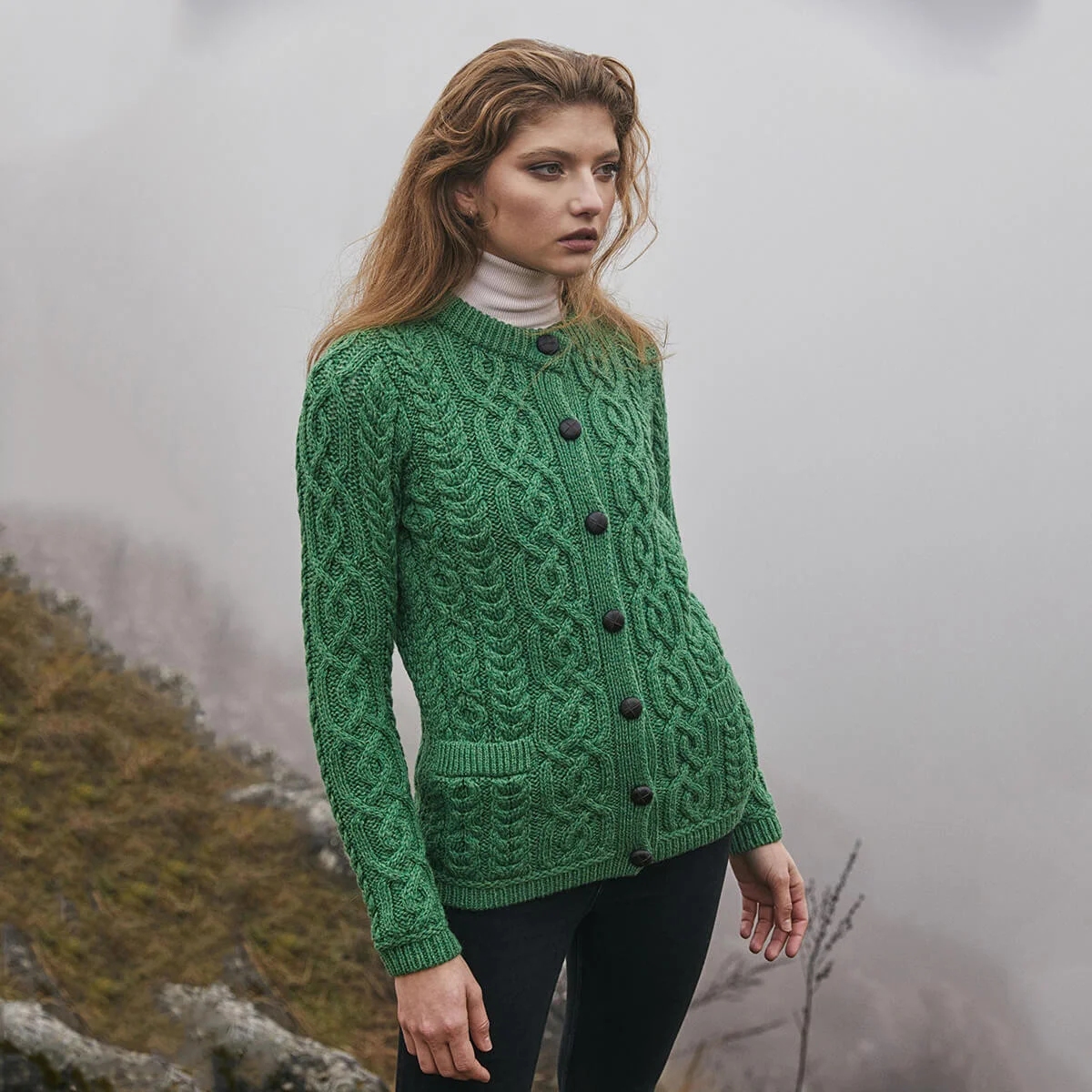 Aran Knit Ladies Cardigan with Leather Buttons – Women’s Cable Wool Sweater Coat - Image 10 | CeltHaus