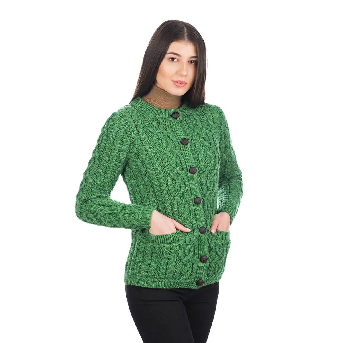 Aran Knit Ladies Cardigan with Leather Buttons – Women’s Cable Wool Sweater Coat - Image 12 | CeltHaus