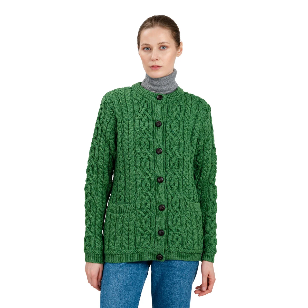 Aran Knit Ladies Cardigan with Leather Buttons – Women’s Cable Wool Sweater Coat - Image 14 | CeltHaus