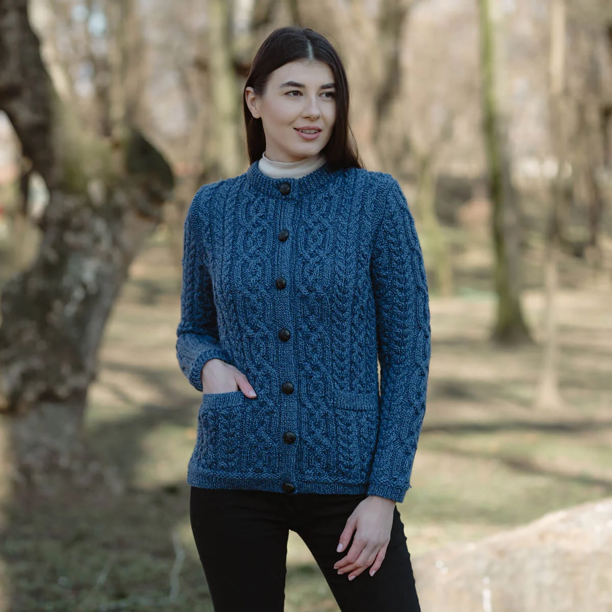 Aran Knit Ladies Cardigan with Leather Buttons – Women’s Cable Wool Sweater Coat - Image 16 | CeltHaus