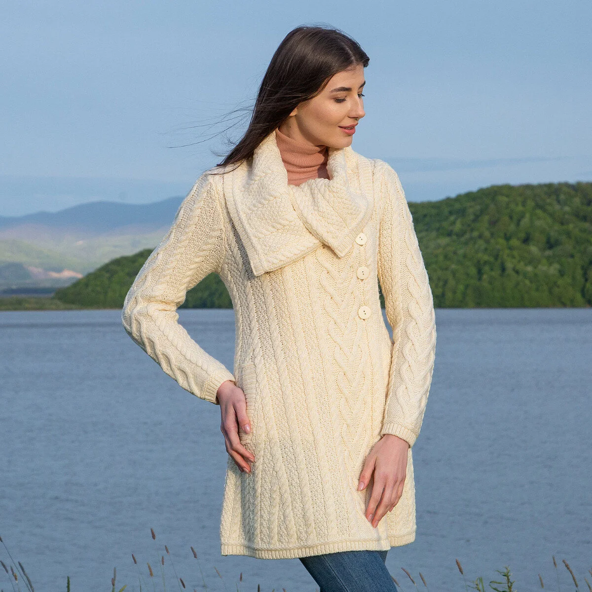 Classic Irish Merino Wool Cable Knit Coat – Made in Ireland - Image 3 | CeltHaus