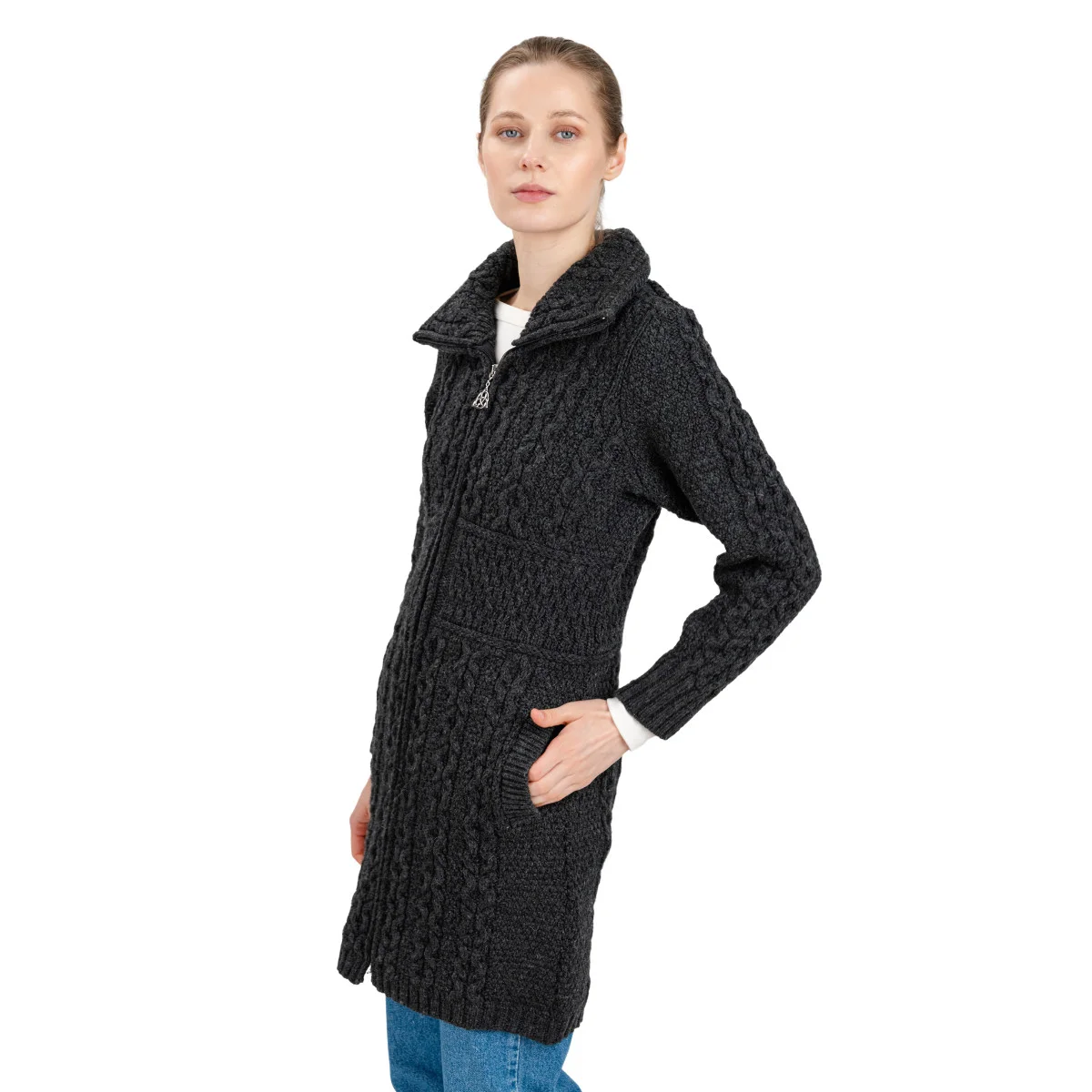 Double Collar Zip Cardigan – 100% Merino Wool Irish Knit Sweater - Image 7 | CeltHaus