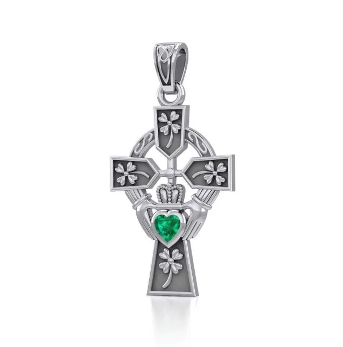 Exquisite Emerald Claddagh Cross Pendant in Sterling Silver – Celtic Jewelry Gift - Image 2 | CeltHaus