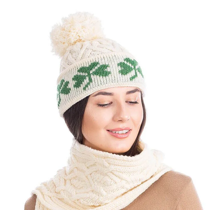 Green Shamrock Wool Hat – Irish Merino Wool Knit Beanie with Pom Pom - Image 2 | CeltHaus