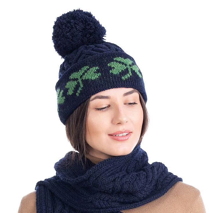 Green Shamrock Wool Hat – Irish Merino Wool Knit Beanie with Pom Pom - Image 3 | CeltHaus
