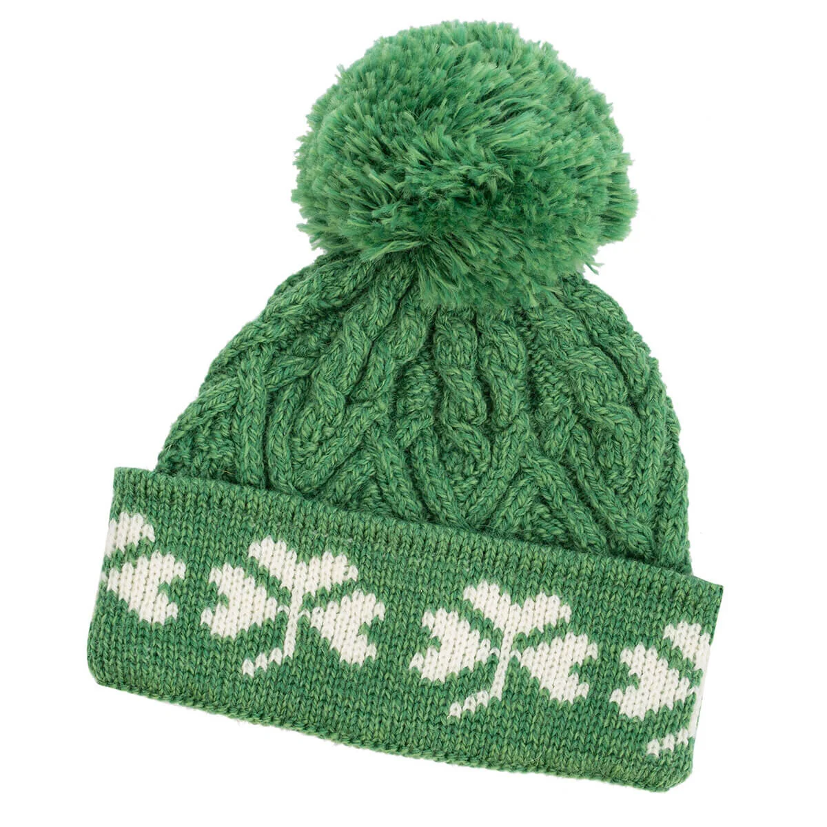Green Shamrock Wool Hat – Irish Merino Wool Knit Beanie with Pom Pom - Image 6 | CeltHaus