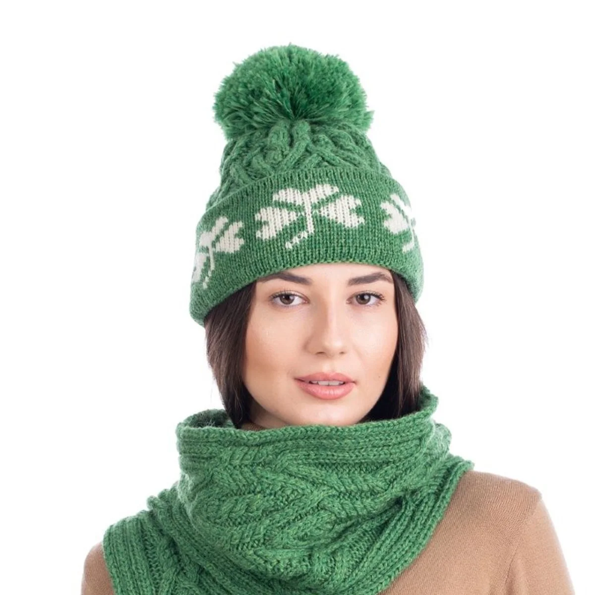 Green Shamrock Wool Hat – Irish Merino Wool Knit Beanie with Pom Pom - Image 9 | CeltHaus