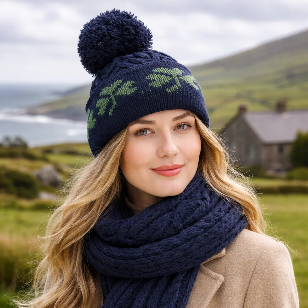 Green Shamrock Wool Hat – Irish Merino Wool Knit Beanie with Pom Pom | CeltHaus