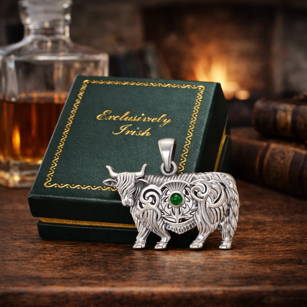 Highland Cow & Scottish Thistle Sterling Silver Pendant with Emerald or Garnet - Jewelry | CeltHaus