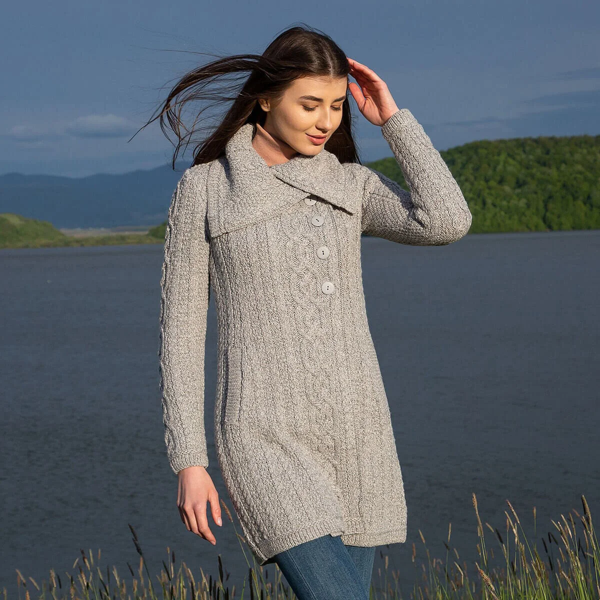 Irish Ladies 4 Button Collar Merino Wool Cable Knit Coat – Made in Ireland - Image 7 | CeltHaus