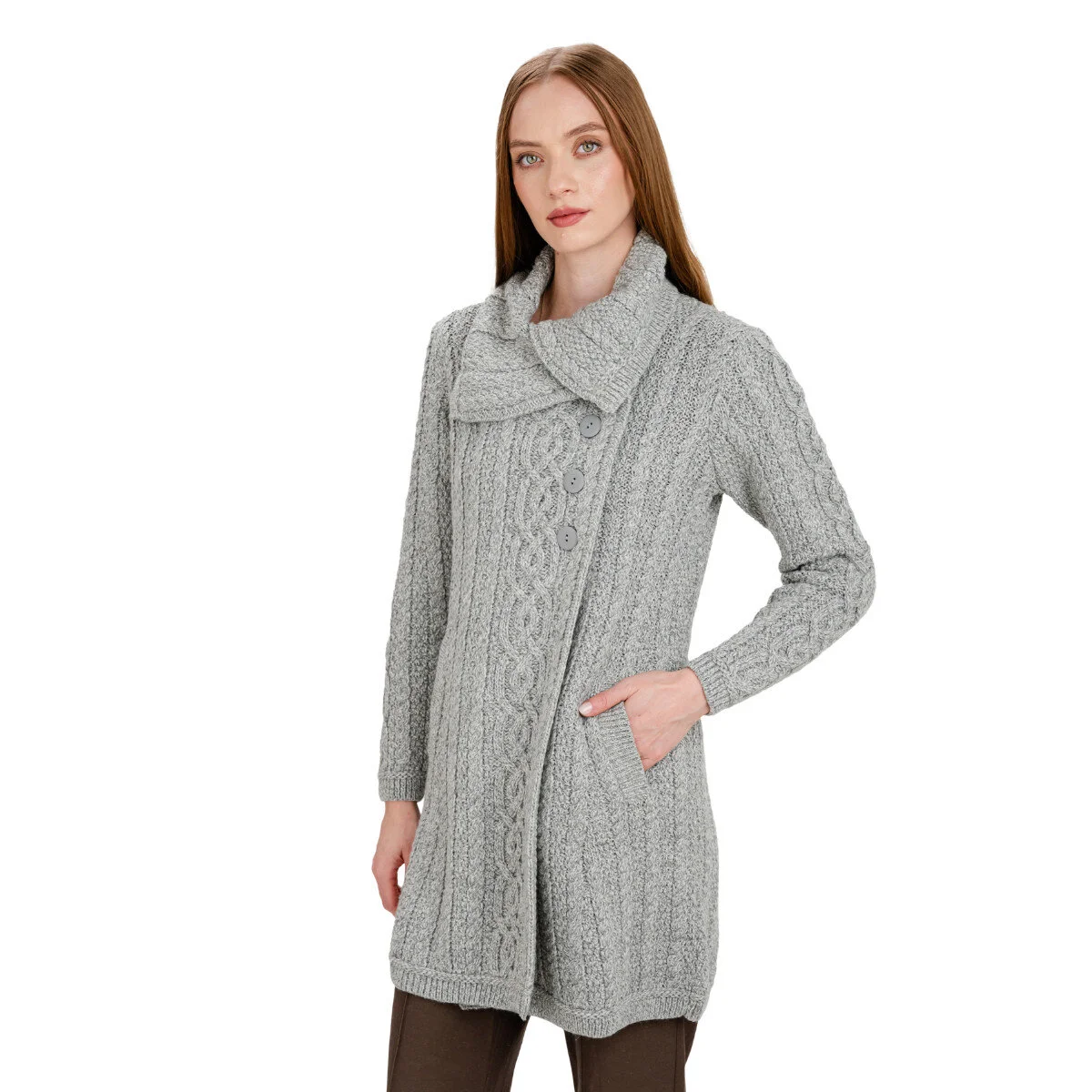 Irish Ladies 4 Button Collar Merino Wool Cable Knit Coat – Made in Ireland - Image 12 | CeltHaus