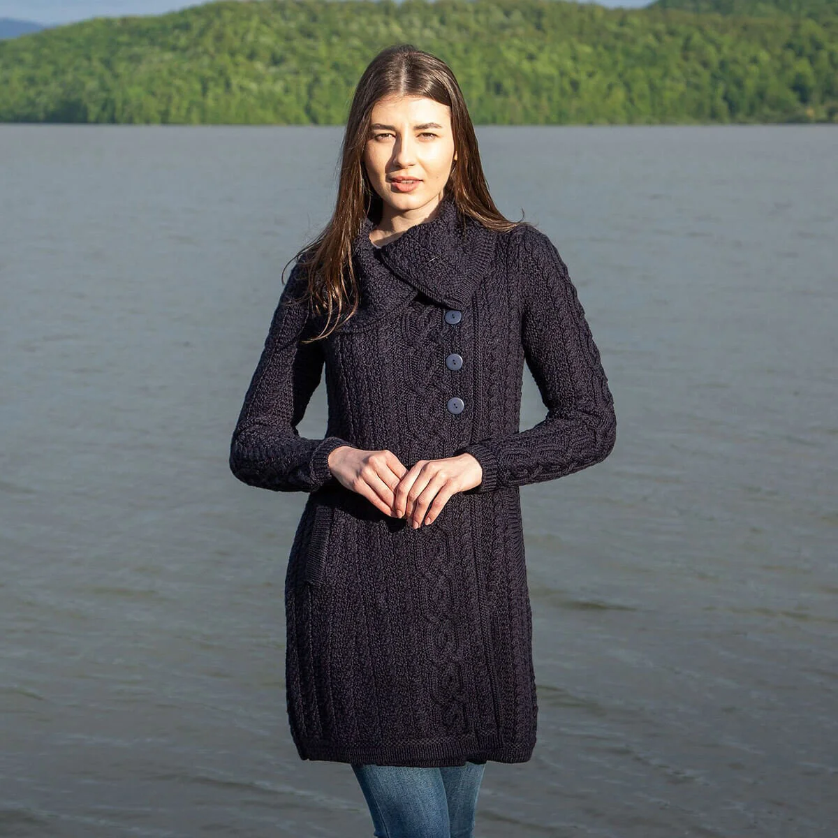 Irish Ladies 4 Button Collar Merino Wool Cable Knit Coat – Made in Ireland - Image 3 | CeltHaus
