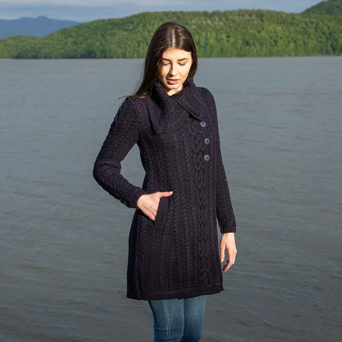 Irish Ladies 4 Button Collar Merino Wool Cable Knit Coat – Made in Ireland - Image 4 | CeltHaus