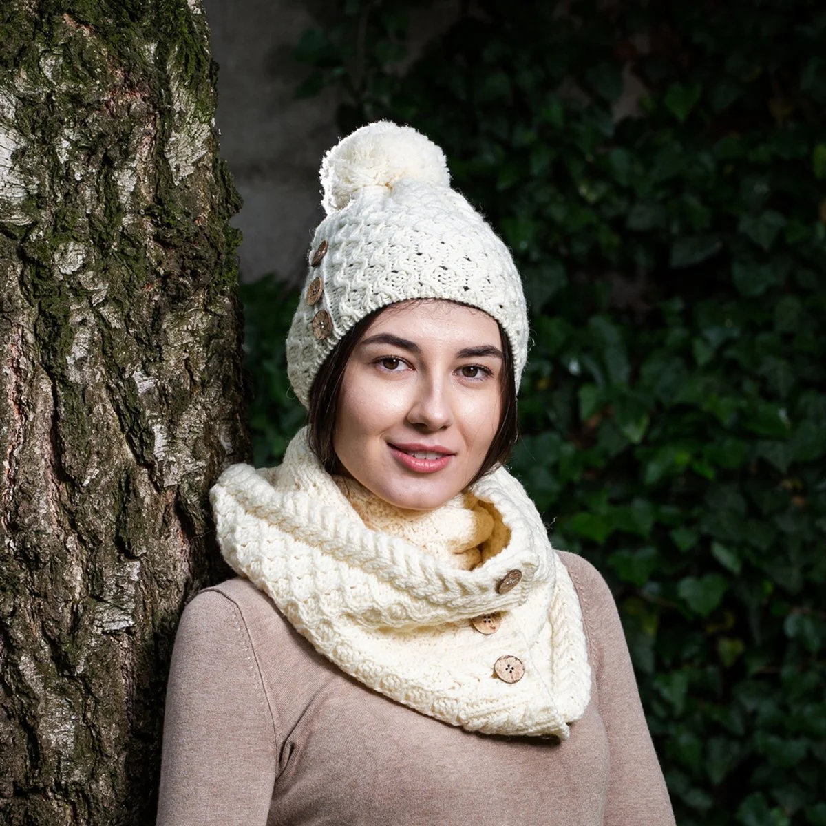 Ladies Button Pom-Pom Wool Hat – Cable Knit Winter Beanie | CeltHaus