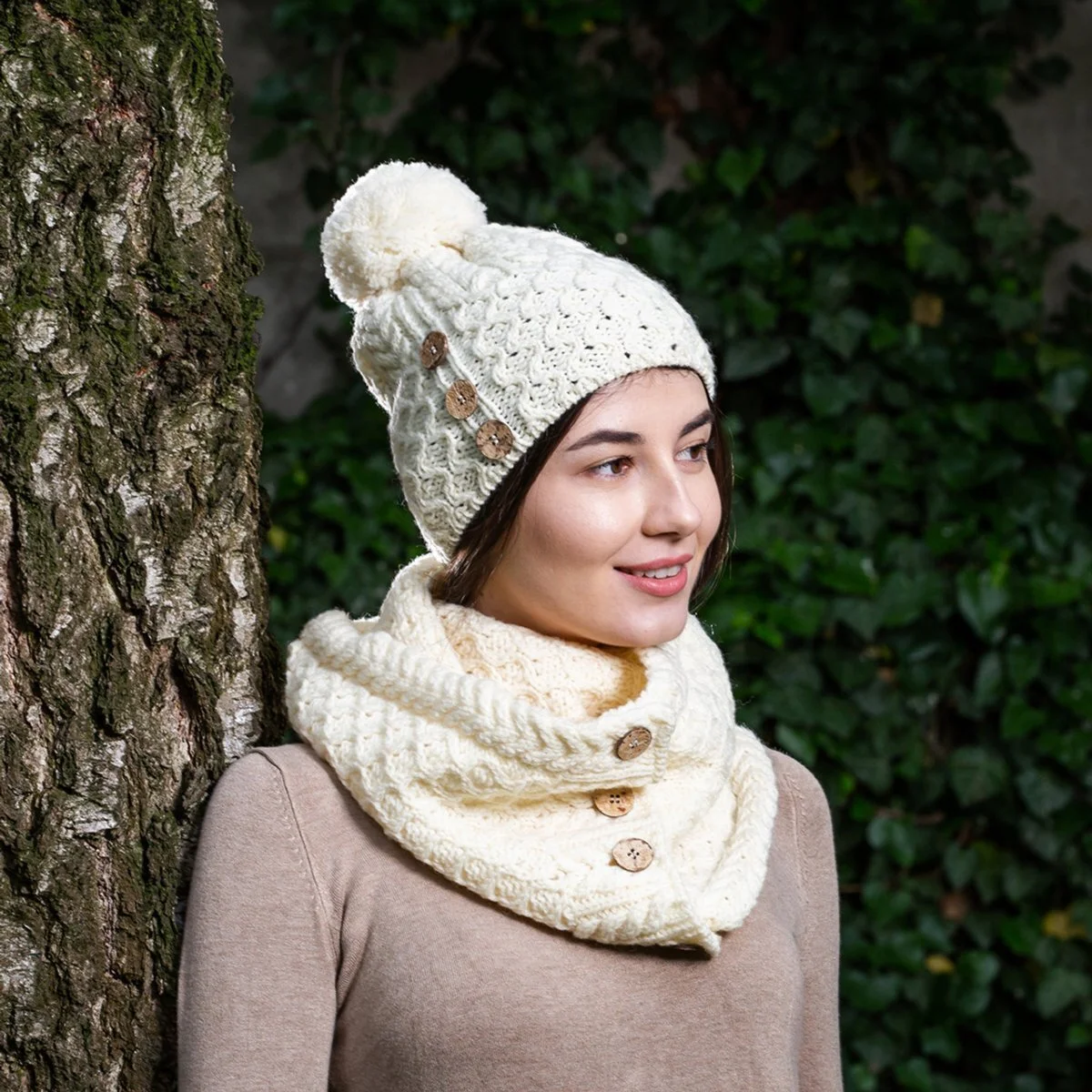 Ladies Button Pom-Pom Wool Hat – Cable Knit Winter Beanie - Image 3 | CeltHaus