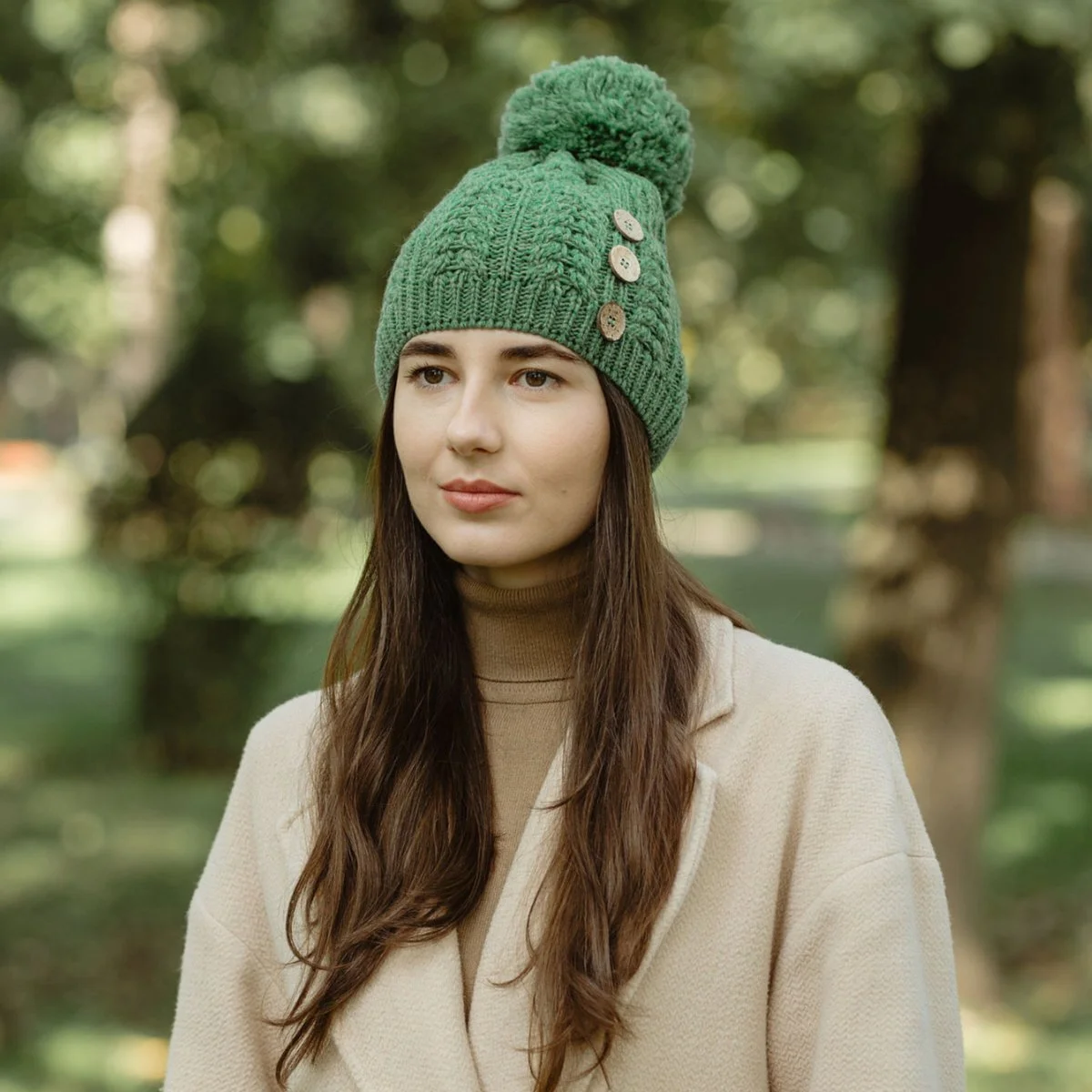 Ladies Button Pom-Pom Wool Hat – Cable Knit Winter Beanie - Image 6 | CeltHaus