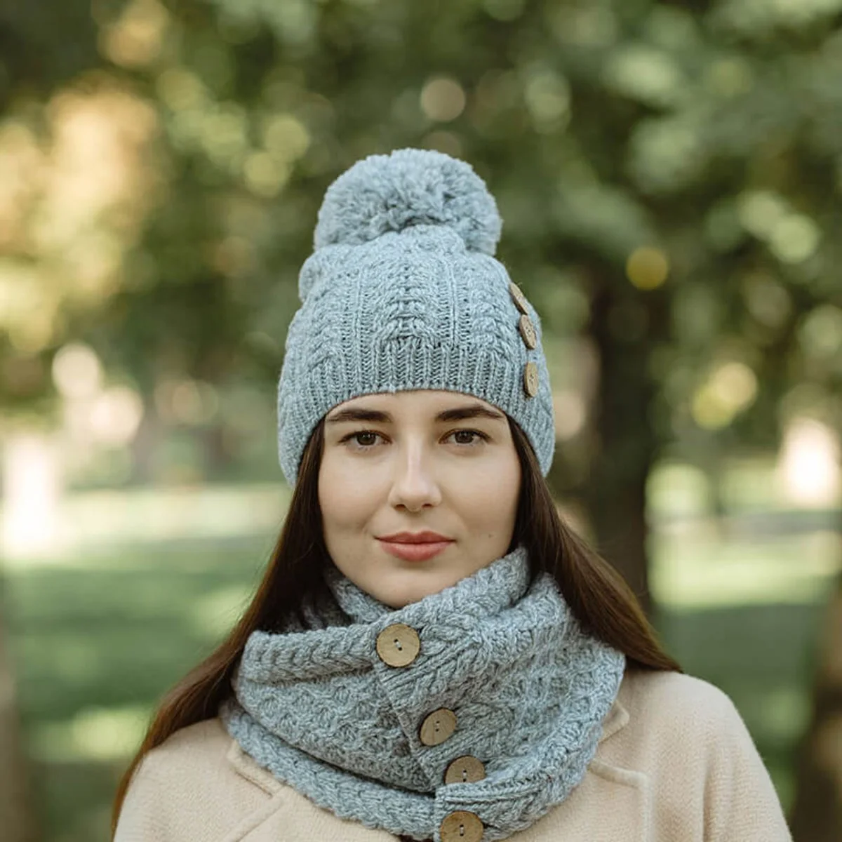 Ladies Button Pom-Pom Wool Hat – Cable Knit Winter Beanie - Image 9 | CeltHaus