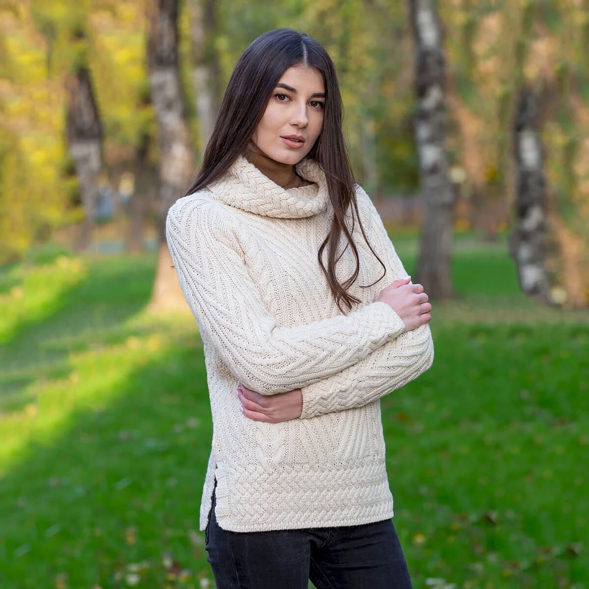 Ladies Merino Wool Blend Turtleneck Cable Knit Sweater – Aran Ribbed Pullover | CeltHaus