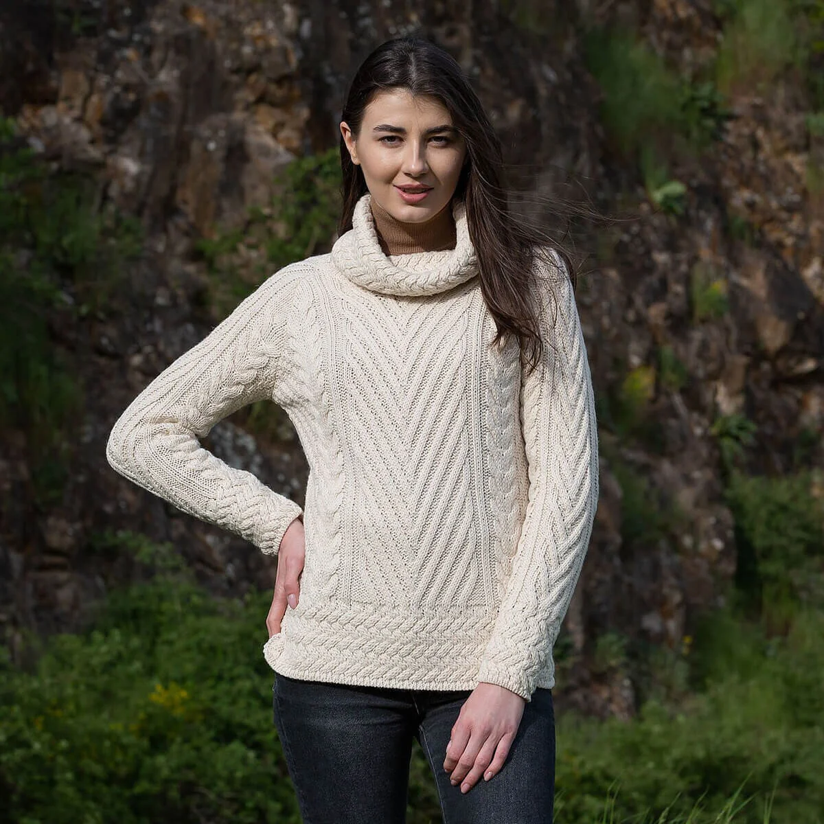 Ladies Merino Wool Blend Turtleneck Cable Knit Sweater – Aran Ribbed Pullover - Image 4 | CeltHaus