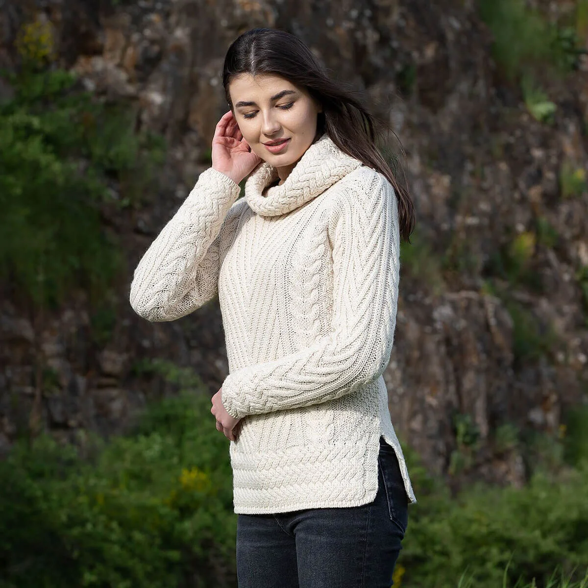 Ladies Merino Wool Blend Turtleneck Cable Knit Sweater – Aran Ribbed Pullover - Image 5 | CeltHaus
