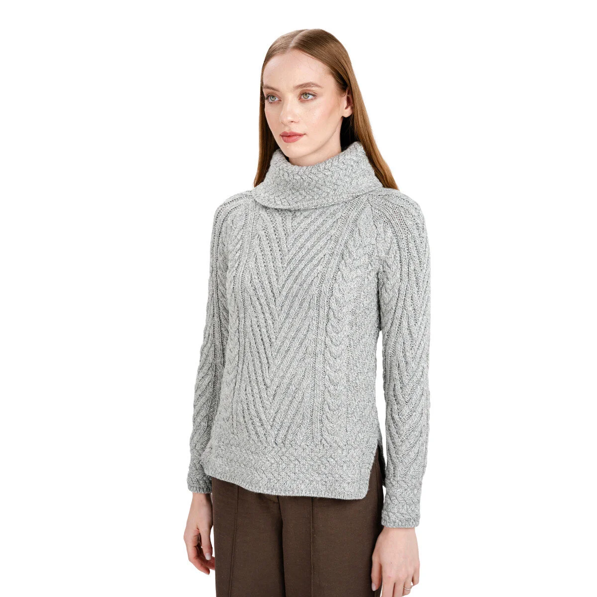 Ladies Merino Wool Blend Turtleneck Cable Knit Sweater – Aran Ribbed Pullover - Image 15 | CeltHaus
