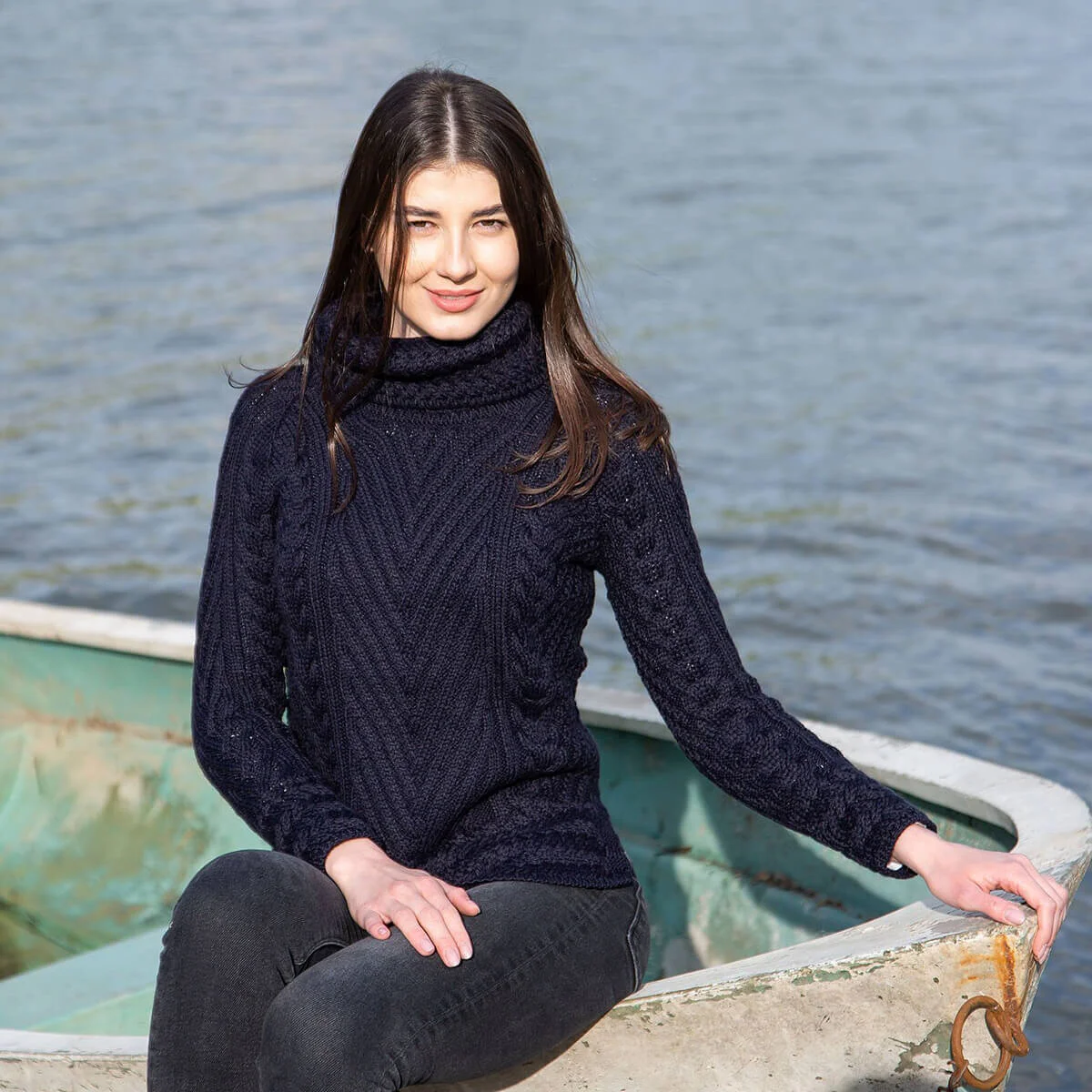 Ladies Merino Wool Blend Turtleneck Cable Knit Sweater – Aran Ribbed Pullover - Image 2 | CeltHaus