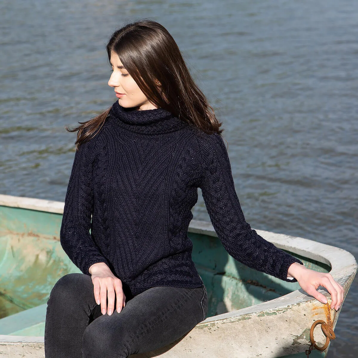 Ladies Merino Wool Blend Turtleneck Cable Knit Sweater – Aran Ribbed Pullover - Image 16 | CeltHaus
