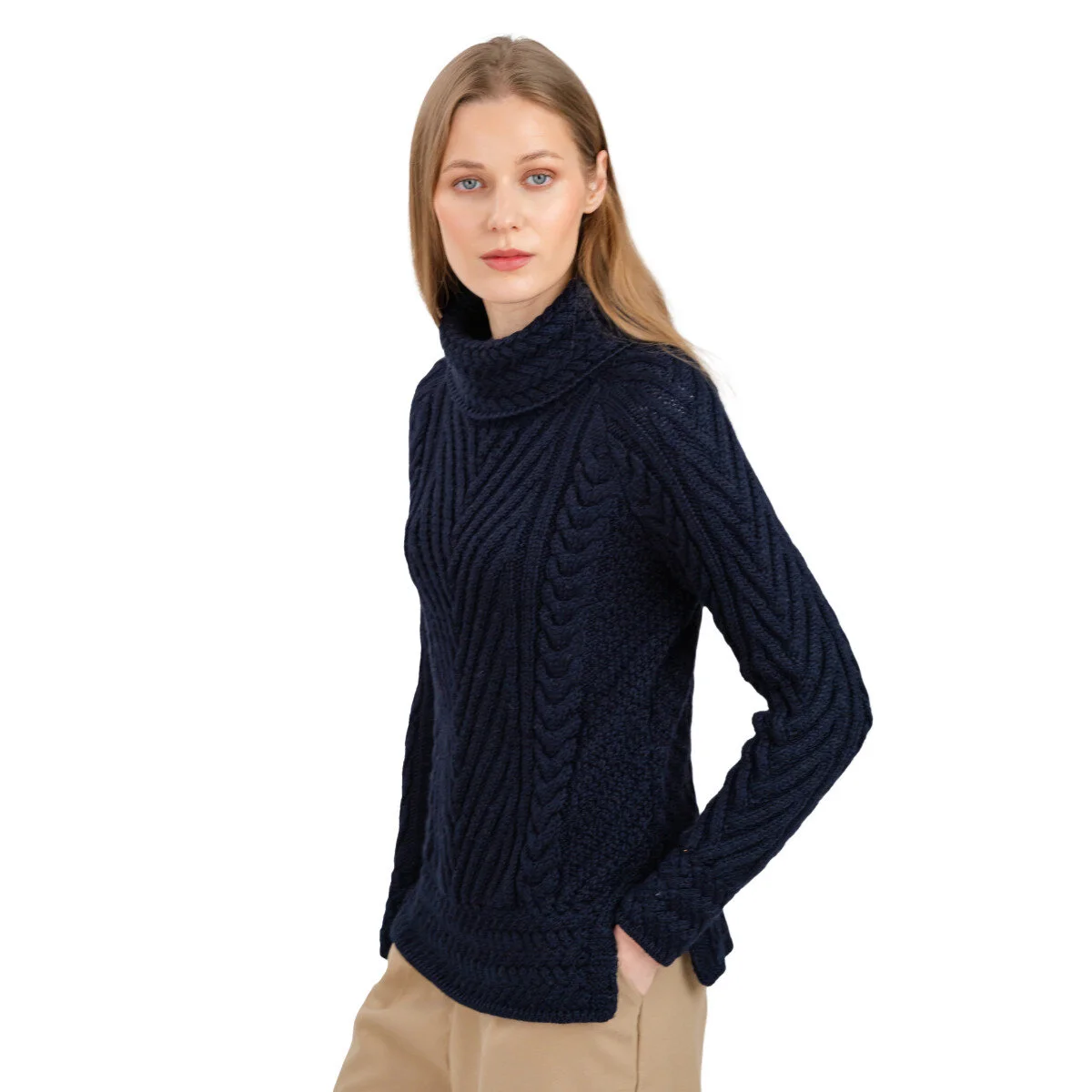 Ladies Merino Wool Blend Turtleneck Cable Knit Sweater – Aran Ribbed Pullover - Image 21 | CeltHaus