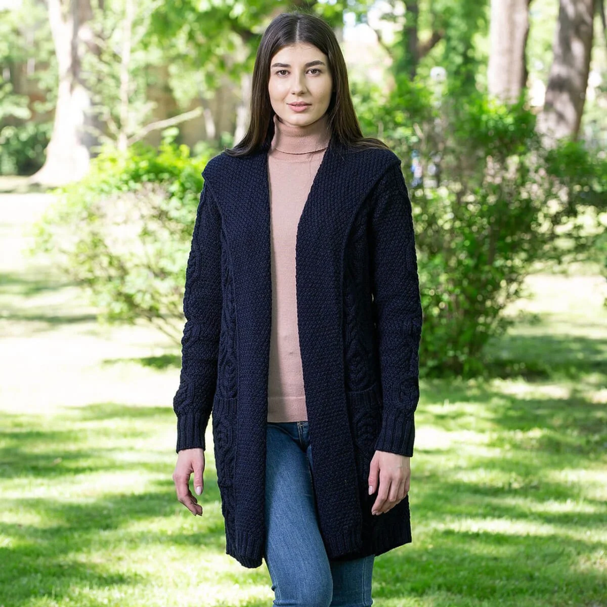 Ladies Merino Wool Long Hooded Cardigan – Classic Fit Aran Knit Open Front Sweater - Image 11 | CeltHaus