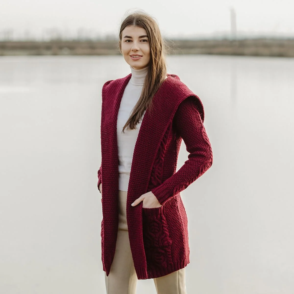 Ladies Merino Wool Long Hooded Cardigan – Classic Fit Aran Knit Open Front Sweater - Image 12 | CeltHaus
