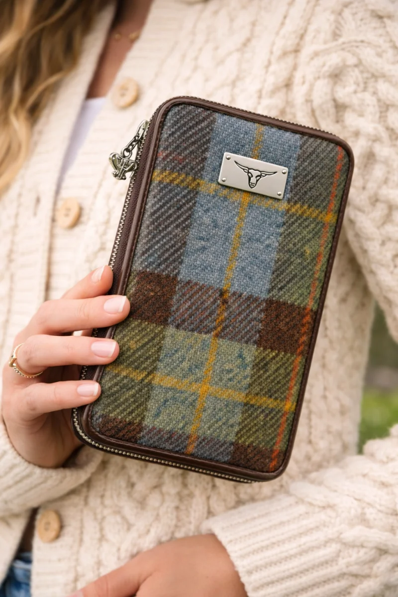 Long Scottish Harris Tweed Zip Purse – Staffa Tartan Wallet with Highland Cow Detail | CeltHaus