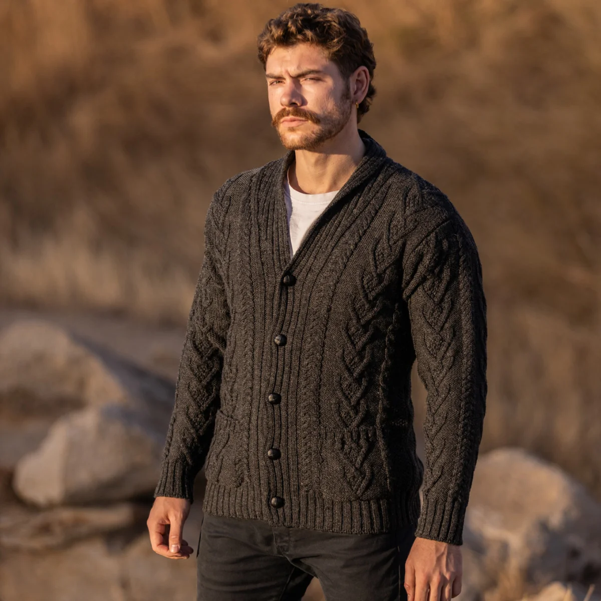 Men’s Aran Cable Shawl Collar Cardigan – 100% Merino Wool Irish Knit | CeltHaus