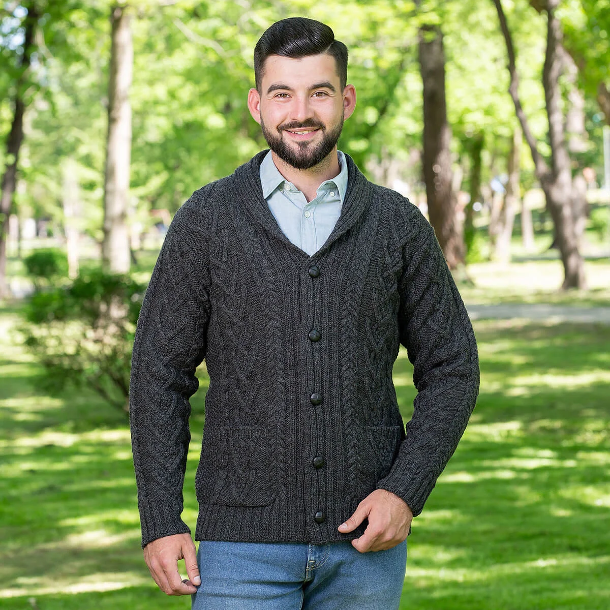 Men’s Aran Cable Shawl Collar Cardigan – 100% Merino Wool Irish Knit - Image 4 | CeltHaus