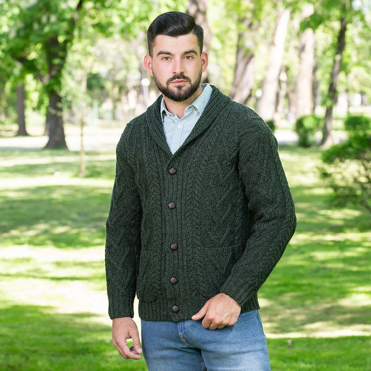 Men’s Aran Cable Shawl Collar Cardigan – 100% Merino Wool Irish Knit - Image 9 | CeltHaus