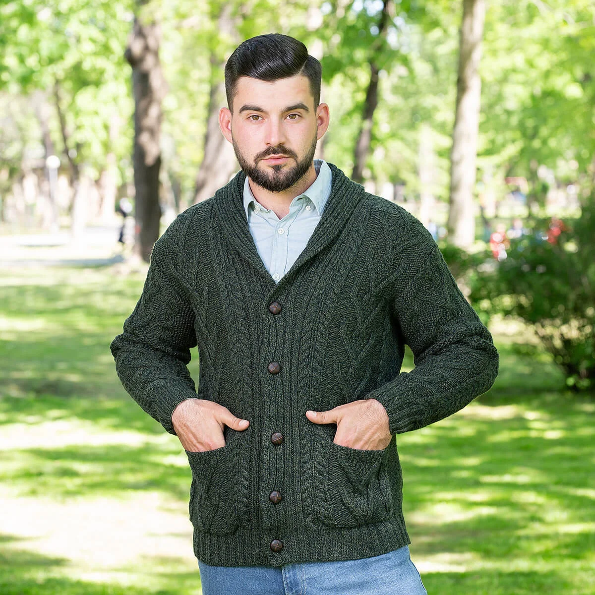Men’s Aran Cable Shawl Collar Cardigan – 100% Merino Wool Irish Knit - Image 10 | CeltHaus