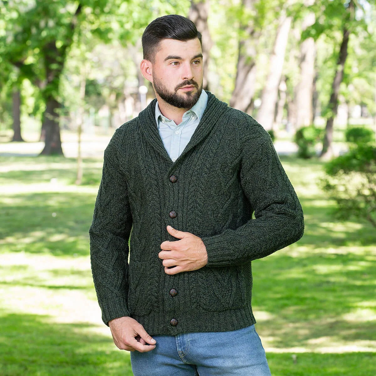 Men’s Aran Cable Shawl Collar Cardigan – 100% Merino Wool Irish Knit - Image 11 | CeltHaus