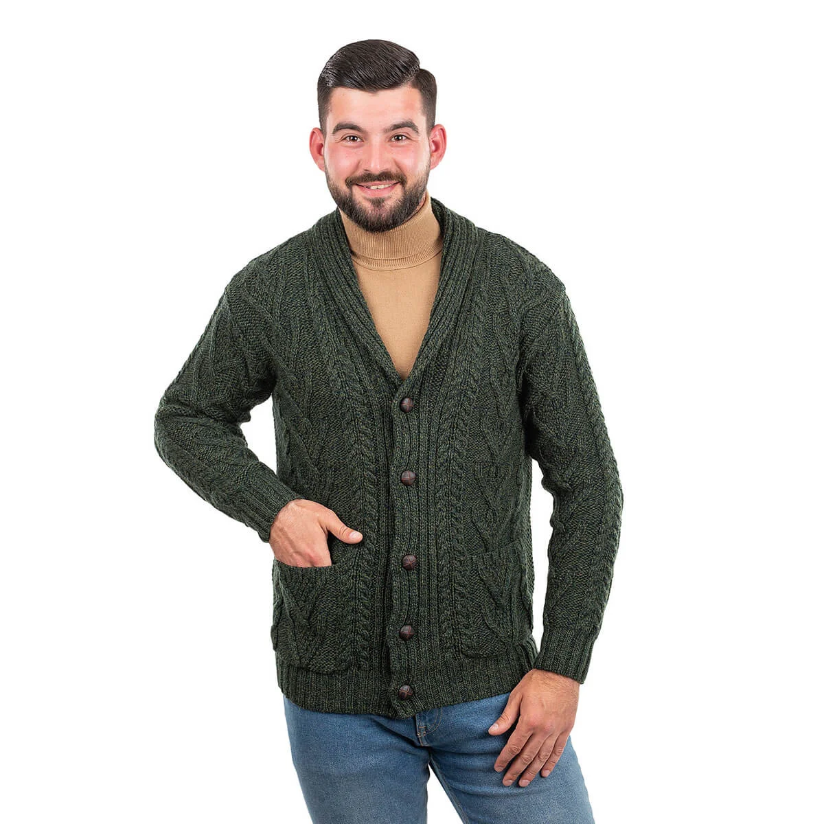 Men’s Aran Cable Shawl Collar Cardigan – 100% Merino Wool Irish Knit - Image 12 | CeltHaus
