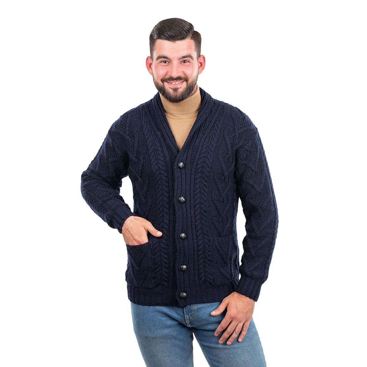 Men’s Aran Cable Shawl Collar Cardigan – 100% Merino Wool Irish Knit - Image 19 | CeltHaus