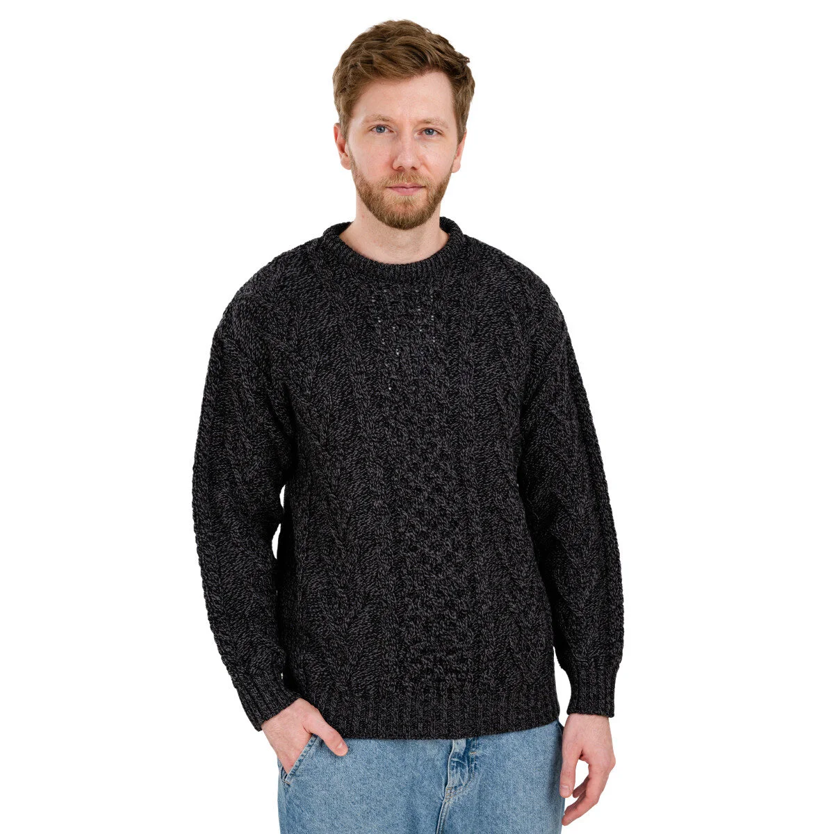 Men’s Merino Wool Aran Sweater – Classic Irish Cable Knit Crew Neck Jumper - Image 2 | CeltHaus