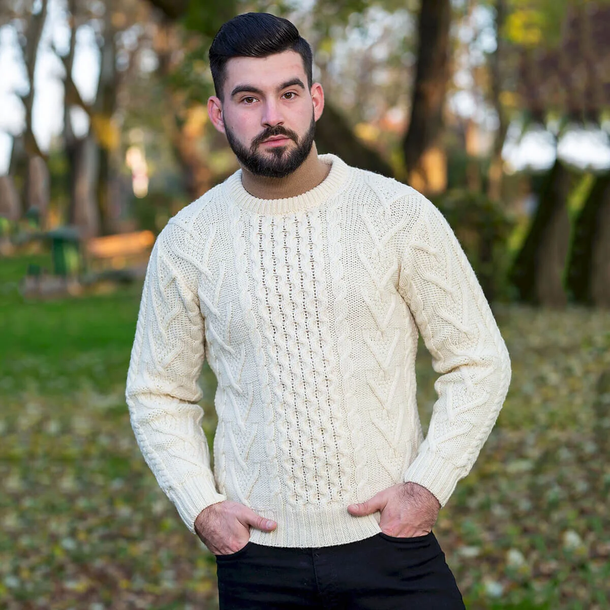 Men’s Merino Wool Aran Sweater – Classic Irish Cable Knit Crew Neck Jumper - Image 4 | CeltHaus