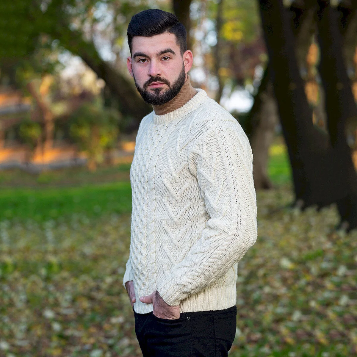 Men’s Merino Wool Aran Sweater – Classic Irish Cable Knit Crew Neck Jumper - Image 5 | CeltHaus