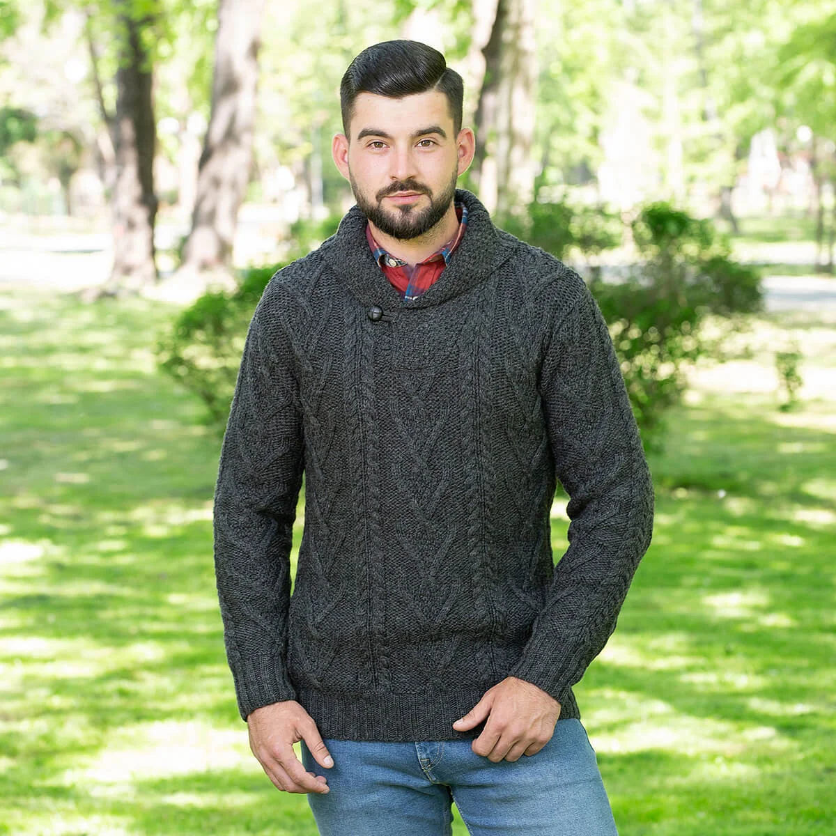 Men’s Merino Wool Shawl Collar Sweater – Single Button Irish Knit - Image 2 | CeltHaus