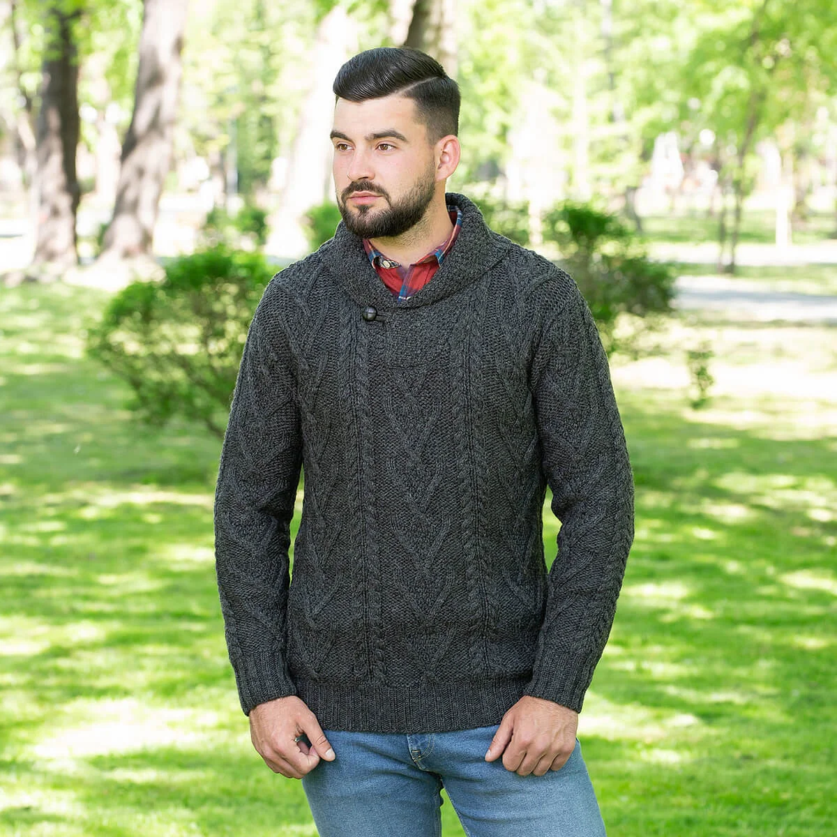 Men’s Merino Wool Shawl Collar Sweater – Single Button Irish Knit - Image 12 | CeltHaus
