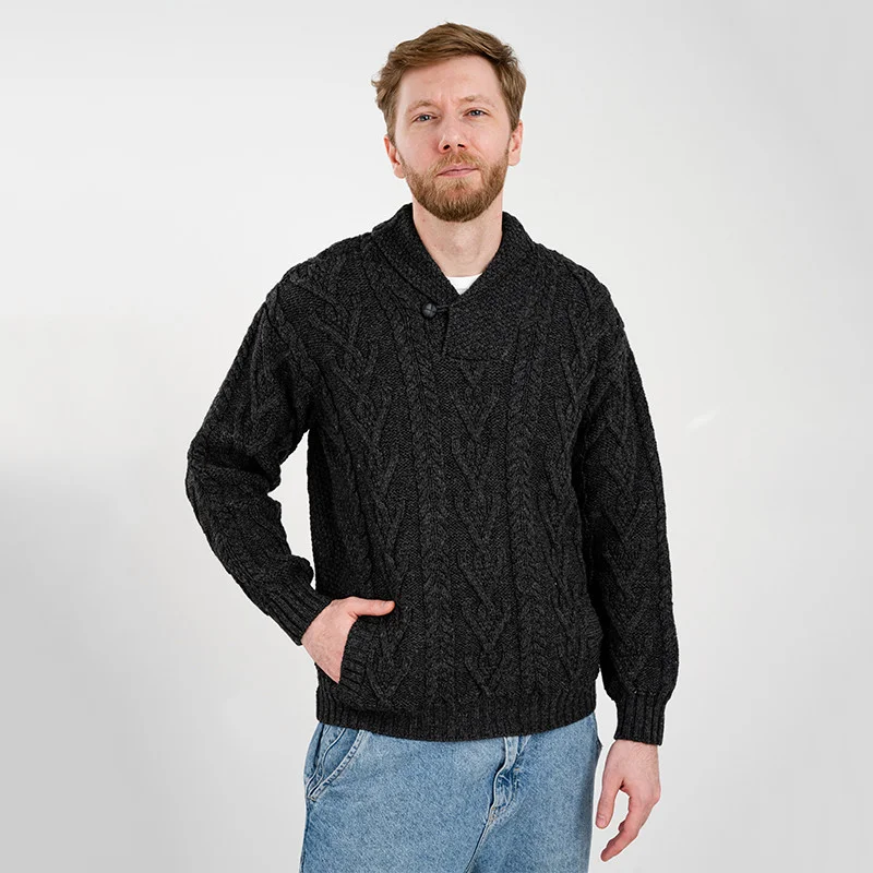Men’s Merino Wool Shawl Collar Sweater – Single Button Irish Knit - Image 14 | CeltHaus